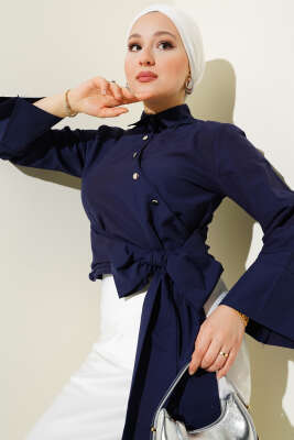 Yandan Bağlamalı Çapraz Düğmeli Kısa Gömlek Lacivert 