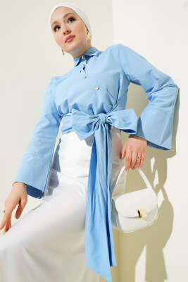 Yandan Bağlamalı Çapraz Düğmeli Kısa Gömlek Mavi 