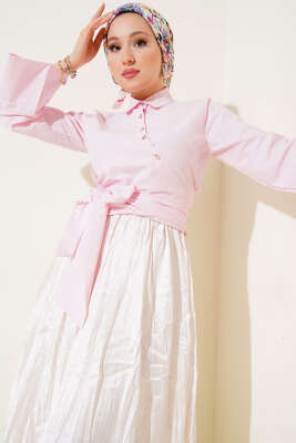 Yandan Bağlamalı Çapraz Düğmeli Kısa Gömlek Pembe 