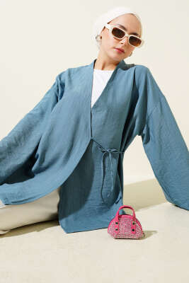 Yandan Çift İp Bağlamalı Kimono Bondi Mavisi 
