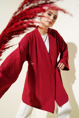 Yandan Çift İp Bağlamalı Kimono Bordo 