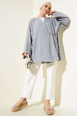 Yandan Çift İp Bağlamalı Kimono Gri - Dış Giyim&Mont