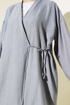 Yandan Çift İp Bağlamalı Kimono Gri - Dış Giyim&Mont