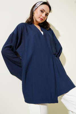 Yandan Çift İp Bağlamalı Kimono Lacivert 