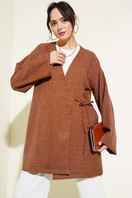 Yandan İp Bağlamalı Kimono Kahve