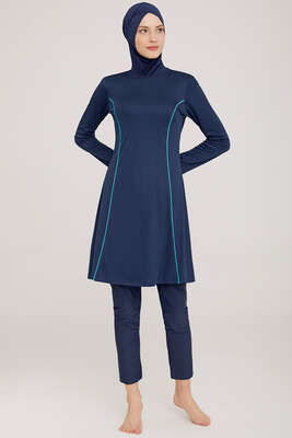 Yanı Çizgi Detaylı Tesettür Mayo Açık Lacivert - ROZAMAY