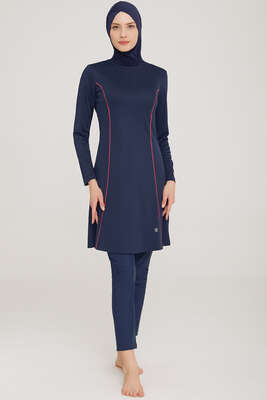 Yanı Çizgi Detaylı Tesettür Mayo Koyu Lacivert - ROZAMAY