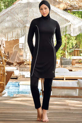 Yanı Çizgi Detaylı Tesettür Mayo Siyah - ROZAMAY