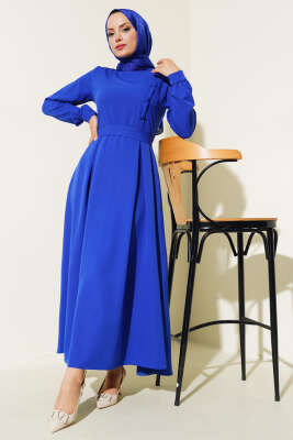 Yanı Kaplama Düğmeli Elbise Saks - UKBE