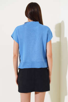 Yanları Düğmeli Yaka Fırfırlı Triko Süveter İndigo - Triko