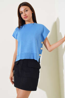 Yanları Düğmeli Yaka Fırfırlı Triko Süveter İndigo - Triko