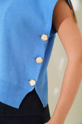 Yanları Düğmeli Yaka Fırfırlı Triko Süveter İndigo - Triko