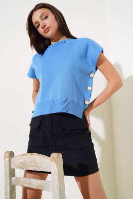 Yanları Düğmeli Yaka Fırfırlı Triko Süveter İndigo - Triko