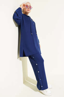 Yanları Metal Düğmeli Kapşonlu İkili Takım Lacivert