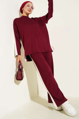 Yanları Şeritli İkili Takım Bordo