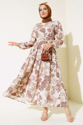 Yaprak Desen Keten Elbise Kahve - Elbise