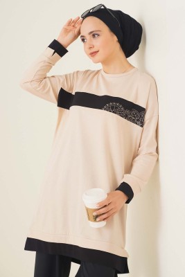 Yaprak Desenli Garnili Tunik Bej 