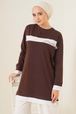 Yaprak Desenli Garnili Tunik Kahve - Tunik