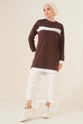 Yaprak Desenli Garnili Tunik Kahve - Tunik