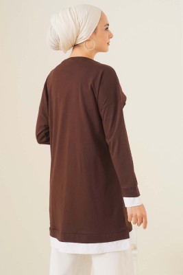 Yaprak Desenli Garnili Tunik Kahve - Tunik