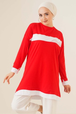 Yaprak Desenli Garnili Tunik Kırmızı 