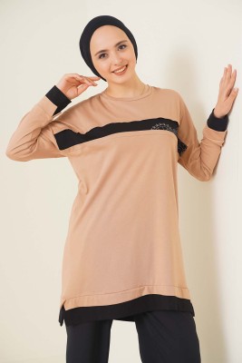 Yaprak Desenli Garnili Tunik Latte 