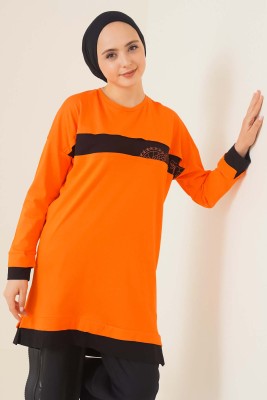 Yaprak Desenli Garnili Tunik Oranj 