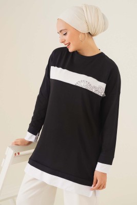 Yaprak Desenli Garnili Tunik Siyah 