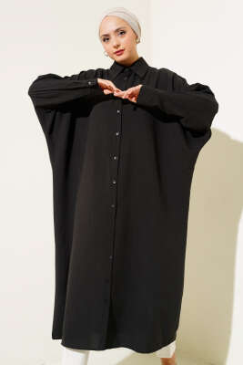 Yarasa Kol Oversize Uzun Gömlek Siyah 