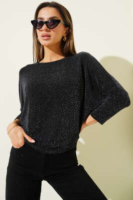 Yarasa Kol Simli Bluz Siyah - TİLLE