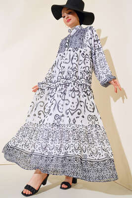 Yarıdan Düğmeli Şifon Elbise Beyaz - PİYES COLLECTİON