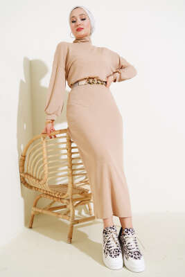 Yarım Boğazlı Fitilli Etekli Takım Bej - İkili Takım