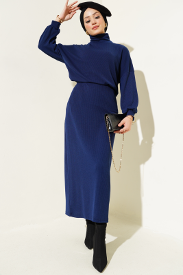 Yarım Boğazlı Fitilli Etekli Takım Lacivert 