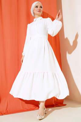 Yarım Düğmeli Kat Kat Elbise Beyaz - Tesettür Elbise