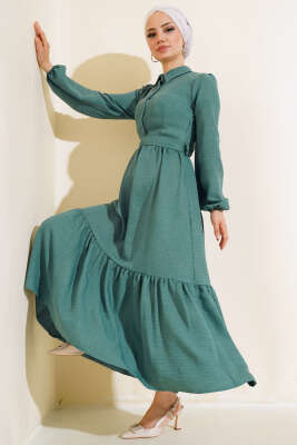 Yarım Düğmeli Kat Kat Elbise Pers Yeşili 
