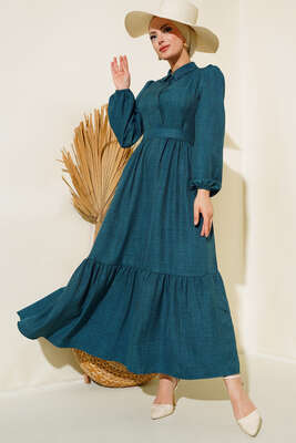 Yarım Düğmeli Kat Kat Elbise Zümrüt Yeşili 