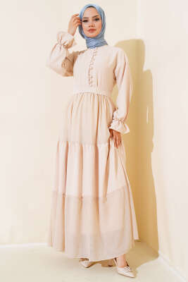 Yarım Düğmeli Petek Dantelli Elbise Bej