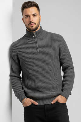 Yarım Fermuar Boğazlı Kazak Füme - BEKTAŞ