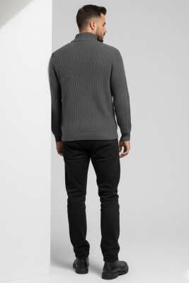 Yarım Fermuar Boğazlı Kazak Füme - Erkek Kazak