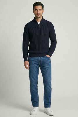 Yarım Fermuar Boğazlı Kazak Lacivert - Erkek Kazak