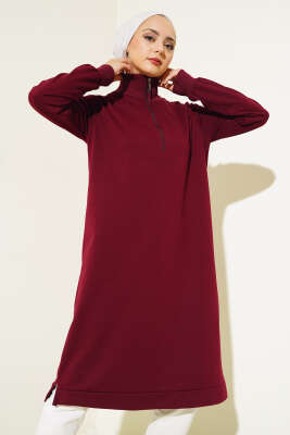 Yarım Fermuarlı Basıc Uzun Tunik Bordo - ELFİDA TEKSTİL
