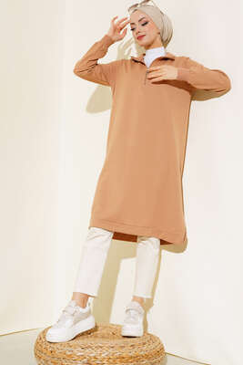 Yarım Fermuarlı Basıc Uzun Tunik Camel - ELFİDA TEKSTİL