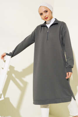 Yarım Fermuarlı Basıc Uzun Tunik Füme - ELFİDA TEKSTİL