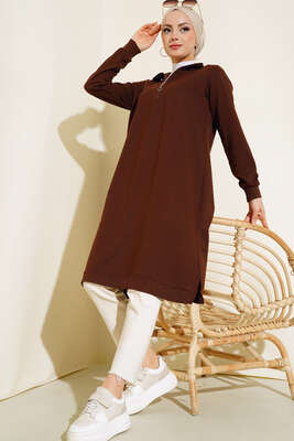 Yarım Fermuarlı Basıc Uzun Tunik Kahve - ELFİDA TEKSTİL