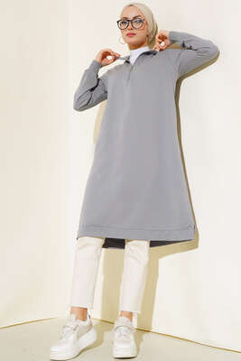 Yarım Fermuarlı Basıc Uzun Tunik Kayrak Grisi - ELFİDA TEKSTİL