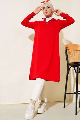 Yarım Fermuarlı Basıc Uzun Tunik Kırmızı - ELFİDA TEKSTİL