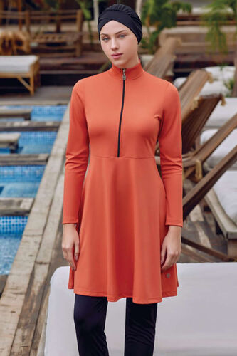 Yarım Fermuarlı Düz Tesettür Mayo Tarçın 