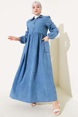 Yarım Fermuarlı Etek Cepli Kot Elbise Kot 