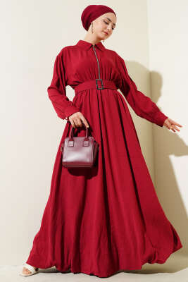 Yarım Fermuarlı Mevlana Elbise Bordo - SAS