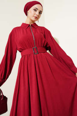 Yarım Fermuarlı Mevlana Elbise Bordo - Elbise